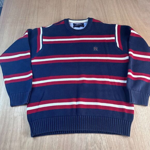 Tommy Hilfiger Sweater Mens Large Navy Red White Striped Crest Logo Preppy Knit - Picture 1 of 7